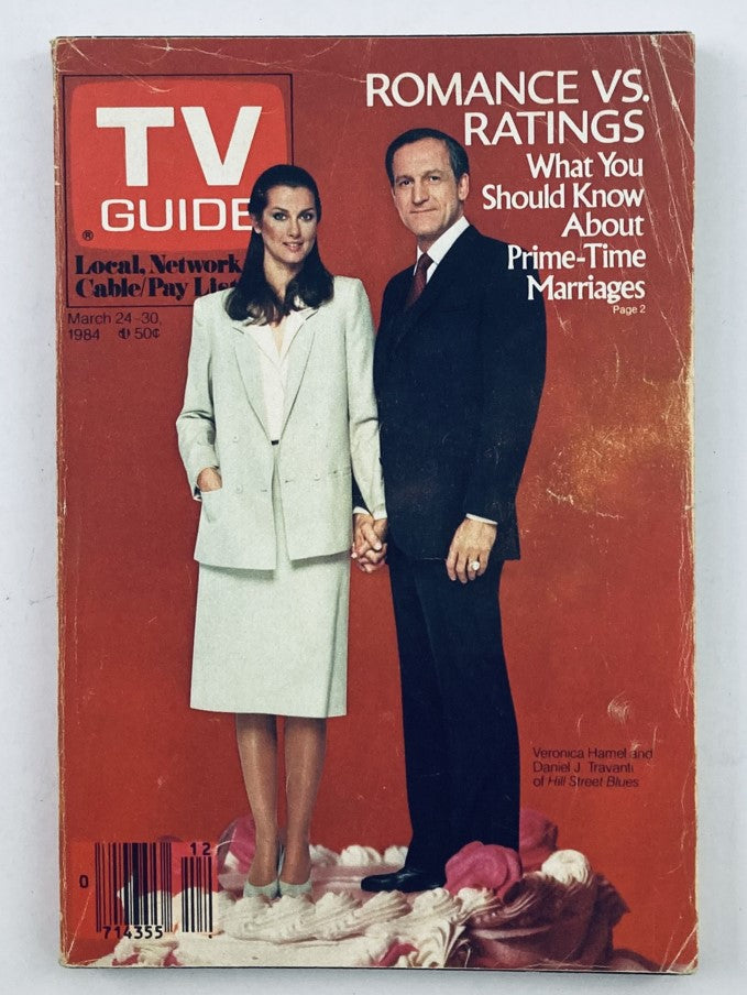 TV Guide Magazine March 24 1984 featuring Veronica Hamel and Daniel J. Travanti from Hill Street Blues, discussing 'Romance vs. Ratings' in prime-time marriages.