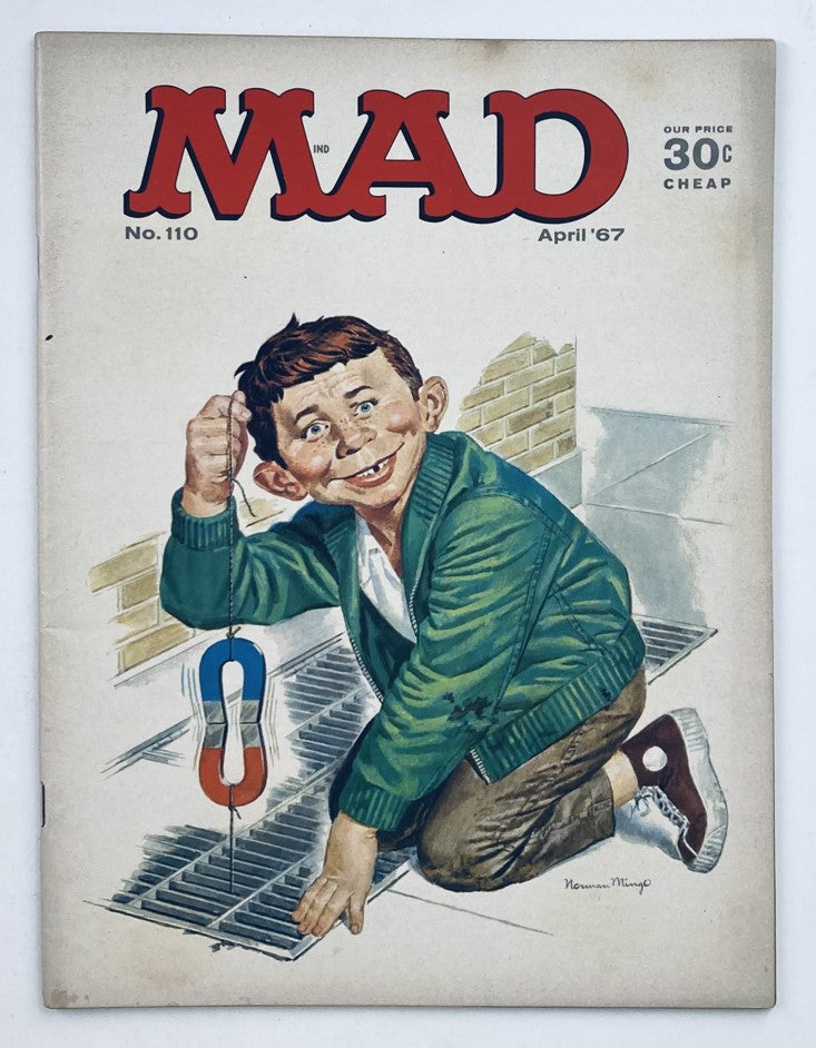 Cover of Mad Magazine April 1967 No. 110 featuring a humorous illustration of a boy with a magnet near a sewer grate, representing the theme 'Lighter Side of Camera Bugs'.
