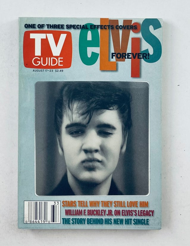 TV Guide Magazine August 17, 2002 featuring Elvis Presley on the cover, showcasing a special Manhattan edition with vintage design.