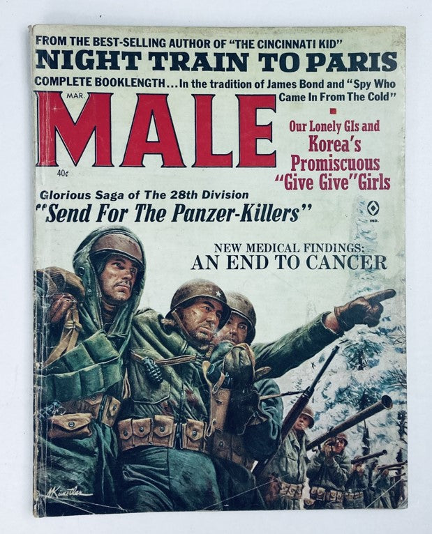 Cover of VTG Male Magazine March 1965 Vol 15 No. 3 featuring soldiers in World War II gear with the title "Send For The Panzer-Killers" and highlights of featured articles.