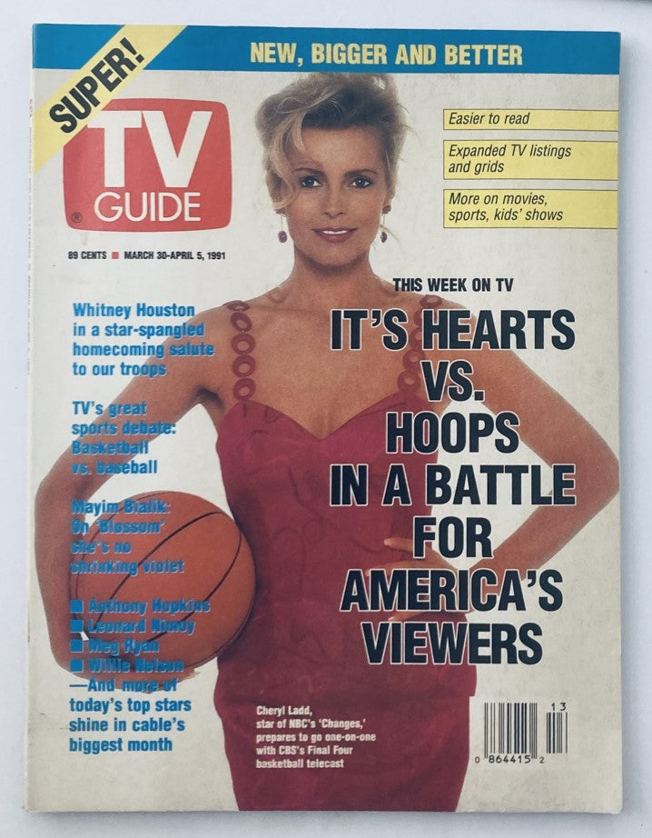 TV Guide Magazine March 30 1991 featuring Cheryl Ladd on the cover, highlighting TV show listings and a basketball-themed article.