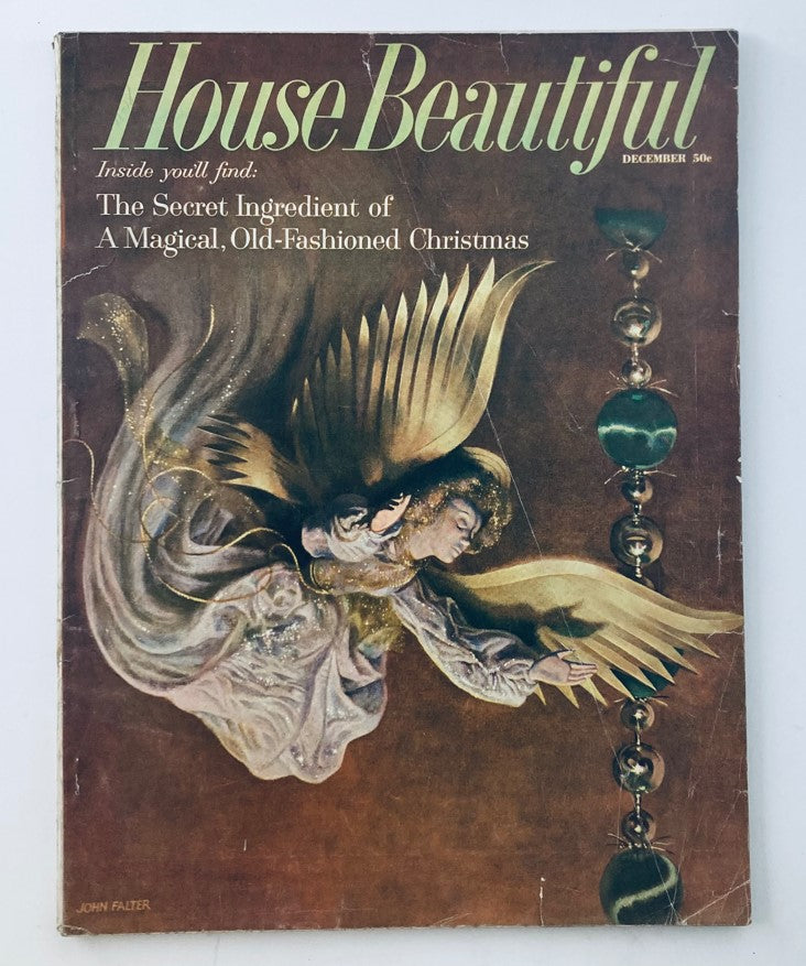 Cover of House Beautiful Magazine December 1958 featuring a magical illustration of an angel and Christmas ornaments, highlighting sophisticated home décor.
