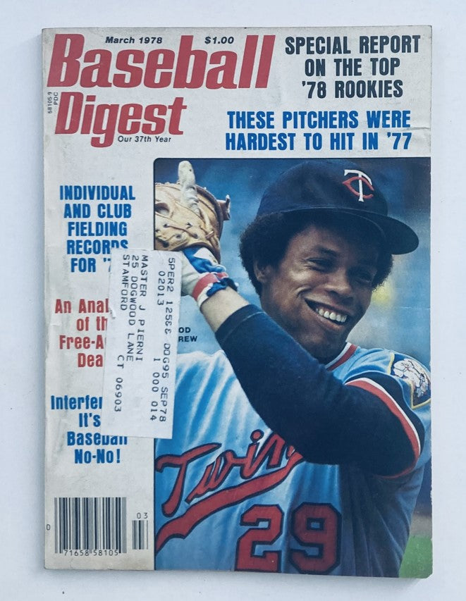 Cover of VTG Baseball Digest Magazine March 1978 featuring Rod Carew, highlighting special report on the top '78 baseball rookies.