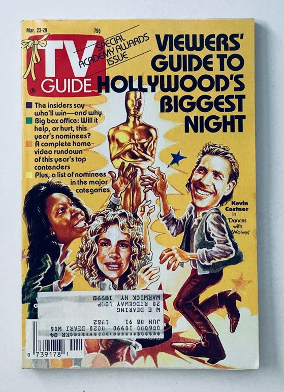 TV Guide Magazine cover from March 23, 1991, featuring Kevin Costner and Whoopi Goldberg, highlighting Hollywood's biggest night with an iconic design.