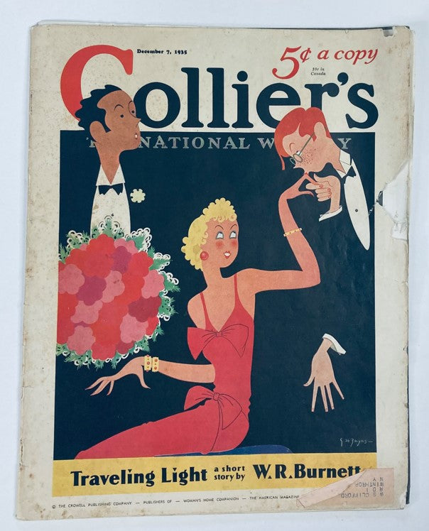 Cover of VTG Collier's Magazine from December 7, 1935, featuring a colorful illustration with a woman in a red dress and flowers, highlighting the article 'Snarls of Joy' by Ruth Seinfel.