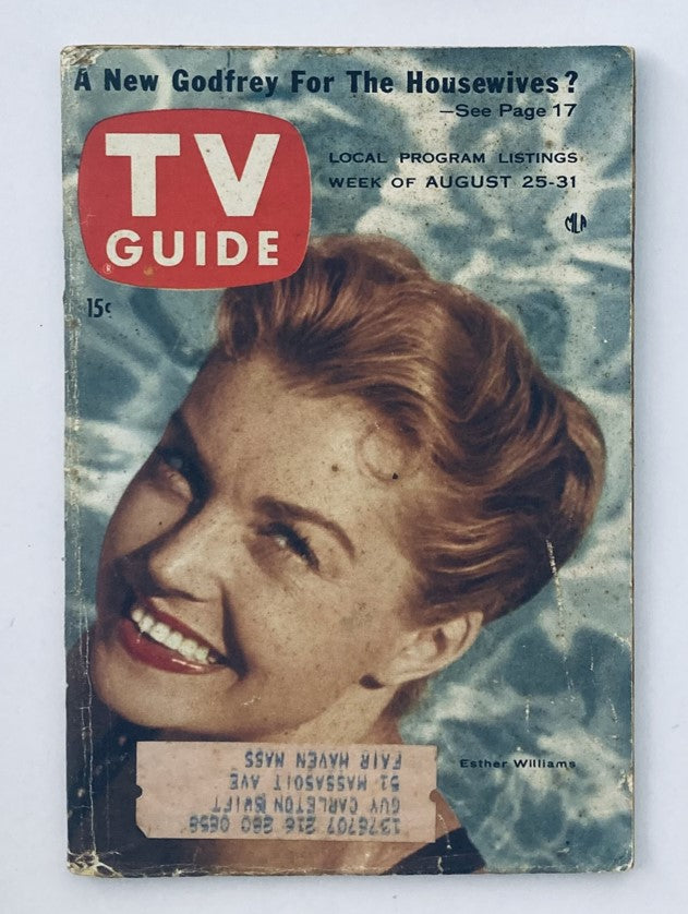 TV Guide Magazine August 25 1956 featuring Esther Williams on the cover, showcasing vintage design and local program listings for that week.