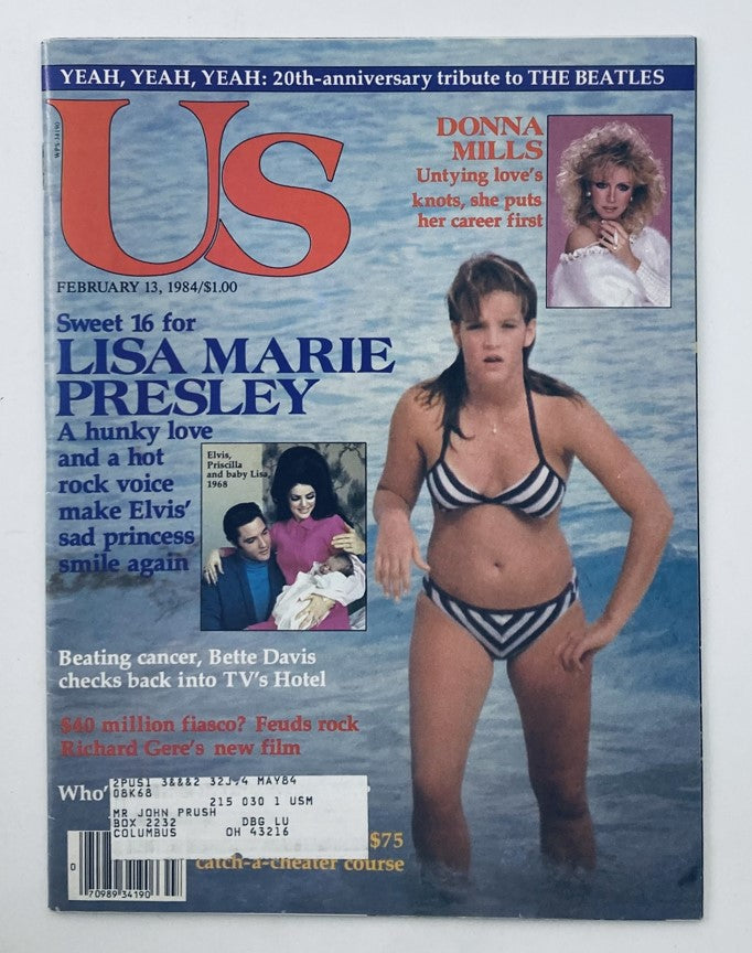 Cover of Us Magazine February 13, 1984 featuring Lisa Marie Presley and Donna Mills. The cover highlights Lisa Marie Presley with the headline "Sweet 16 for LISA MARIE PRESLEY" along with a photo of Donna Mills, capturing the essence of 1980s pop culture.