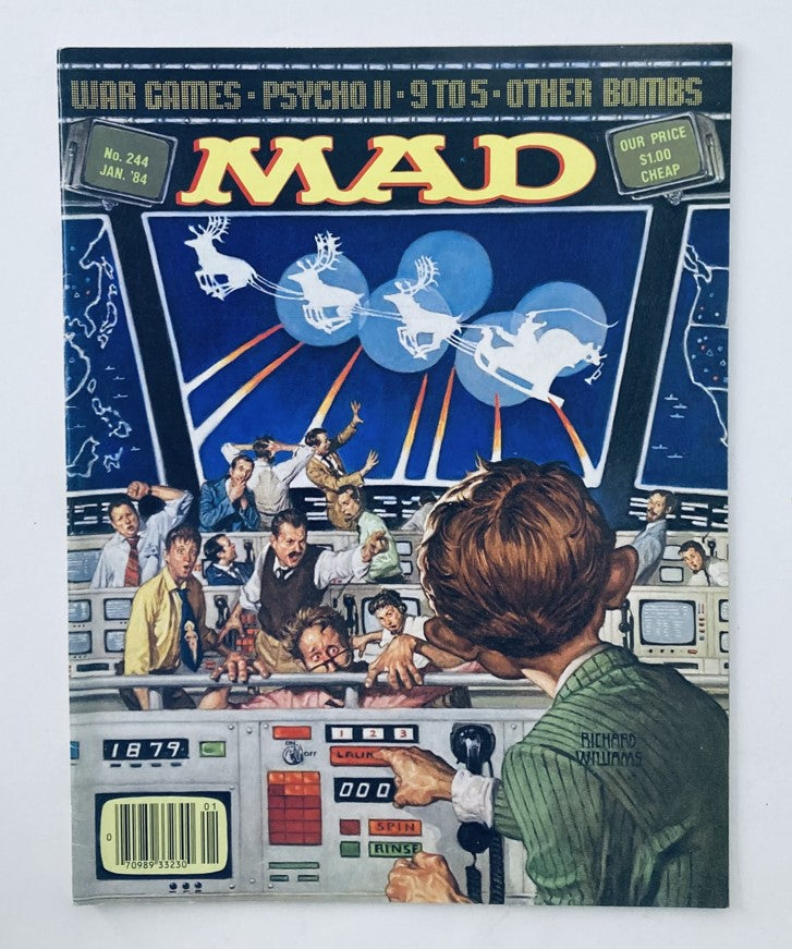 VTG Mad Magazine January 1984 No. 244 cover featuring a humorous depiction of chaos in a control room related to the themes of War Games and Psycho II, highlighting the magazine's satirical approach to 1980s pop culture.