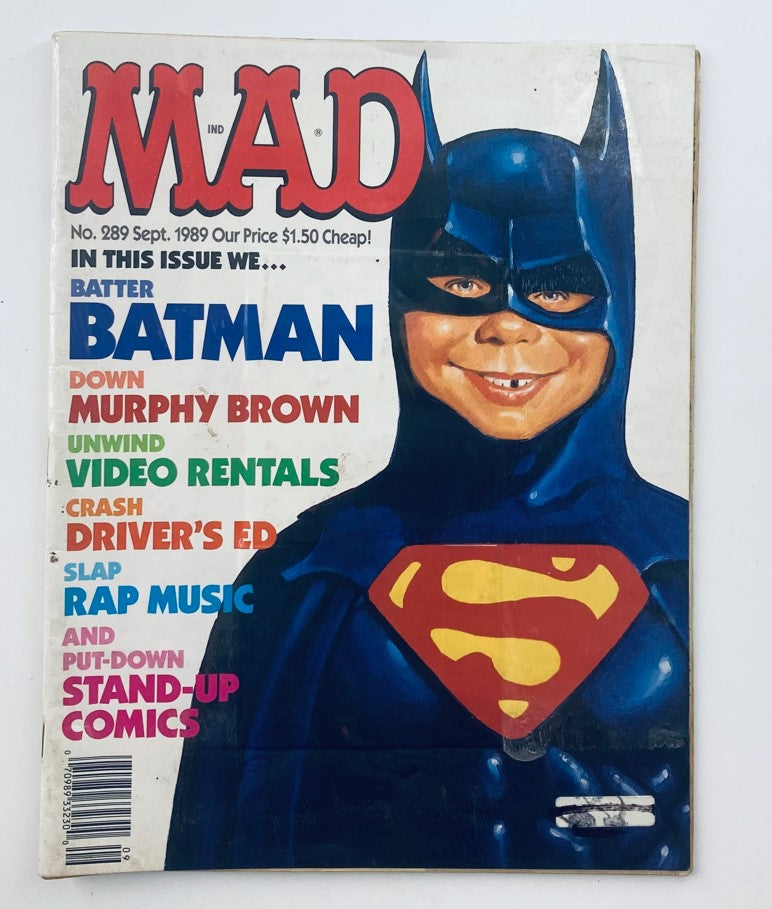 Cover of Mad Magazine September 1989 No. 289 featuring Batman character, with a colorful illustration and headlines about pop culture references including Murphy Brown.