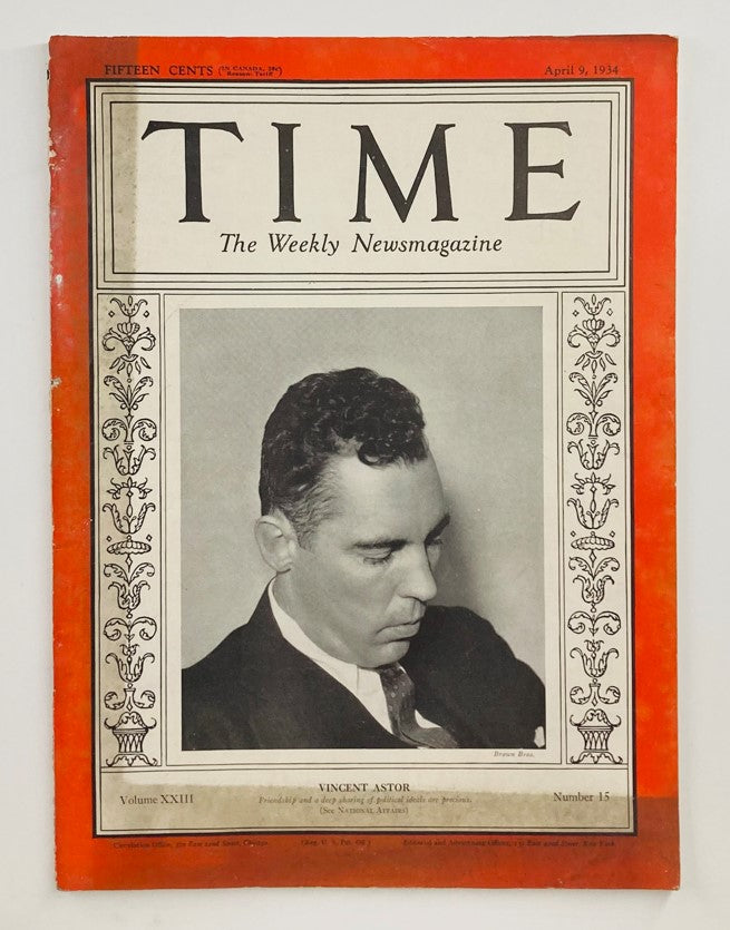 VTG Time Magazine April 9 1934 Vol 23 No. 15 featuring Vincent Astor on the cover, showcasing a portrait of the influential businessman.