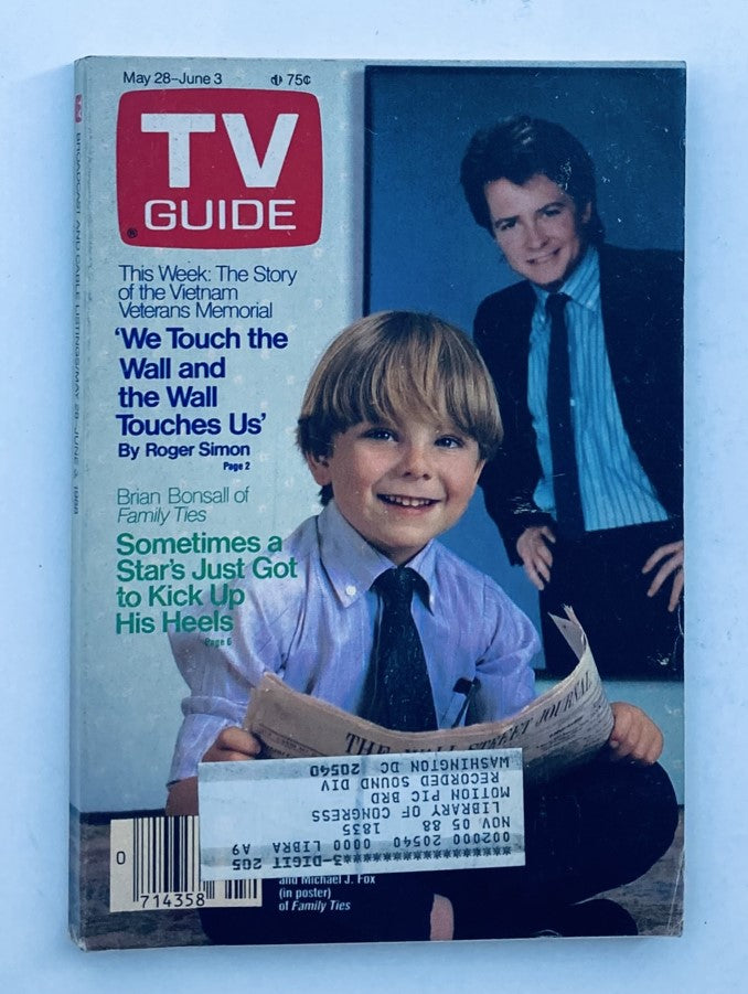 Cover of TV Guide Magazine May 28 1988 featuring Brian Bonsall and Michael J. Fox, highlighting Family Ties and a feature article on the Vietnam Veterans Memorial.
