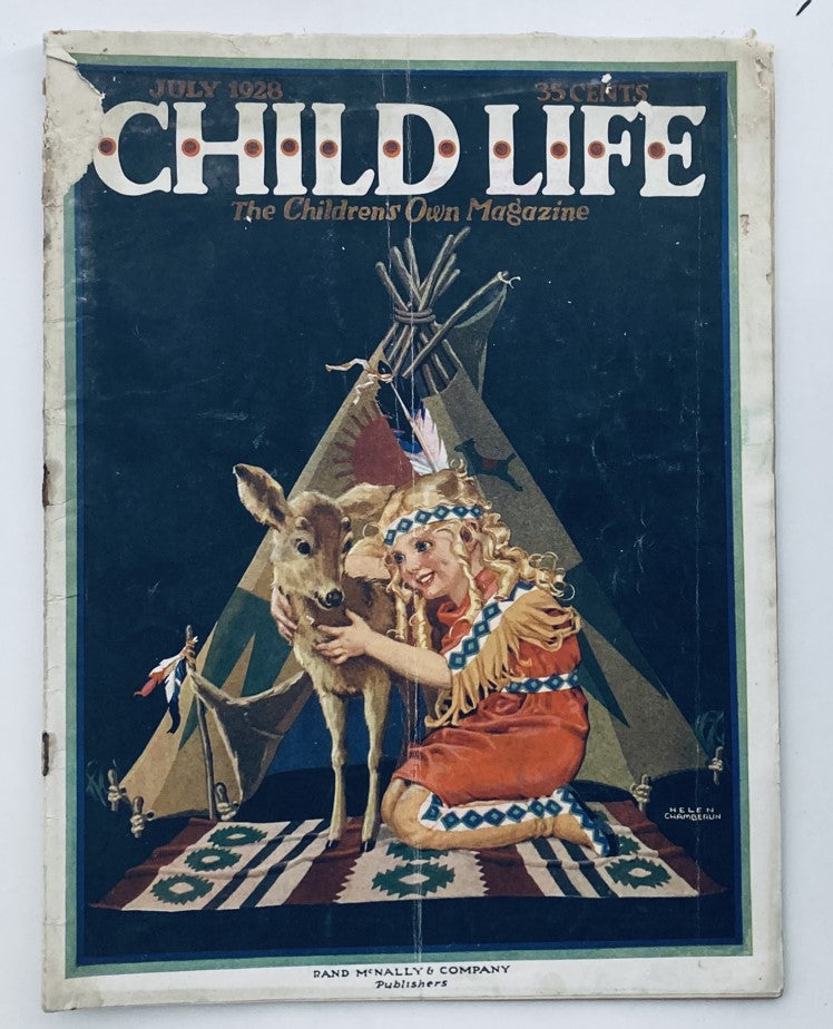 Cover of VTG Child Life Magazine from July 1928, featuring a young girl with a deer in front of a teepee, showcasing the whimsical theme 'The Magic Poppers.'