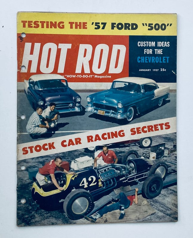Vintage VTG Hot Rod Magazine cover from January 1957, Volume 10, Number 1, featuring stock car racing secrets, classic cars, and automotive enthusiasts.