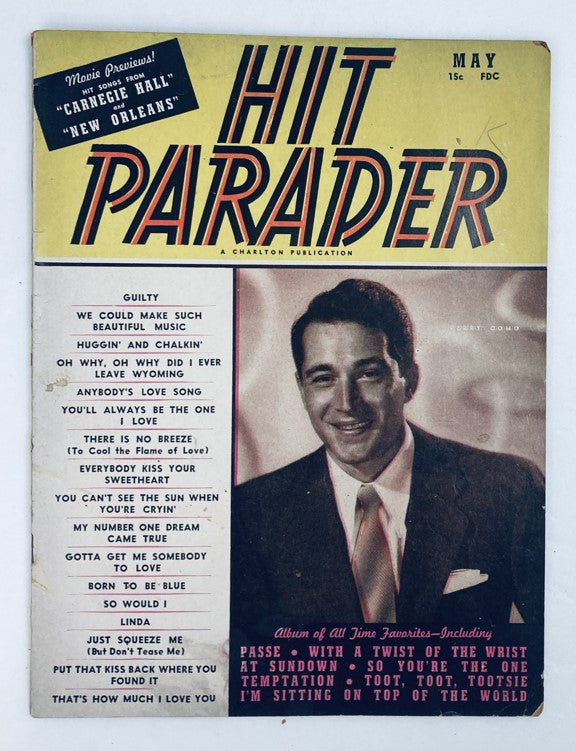 Cover of VTG Hit Parader Magazine May 1947 featuring Perry Como, showcasing classic song titles and graphics from the 1940s, a nostalgic piece of music history.
