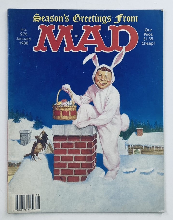 Cover art of Mad Magazine January 1988 No. 276 titled 'The Wretches of Ecchflick'. The illustration features a character dressed in a pink bunny suit with a basket on a snowy rooftop, creatively blending humor and holiday themes.