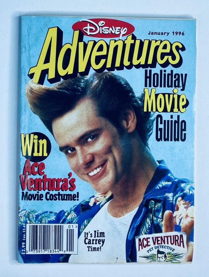 Cover of Disney Adventures Magazine January 1996 featuring Jim Carrey as Ace Ventura with a vibrant design and promotional text about winning Ace Ventura's movie costume.