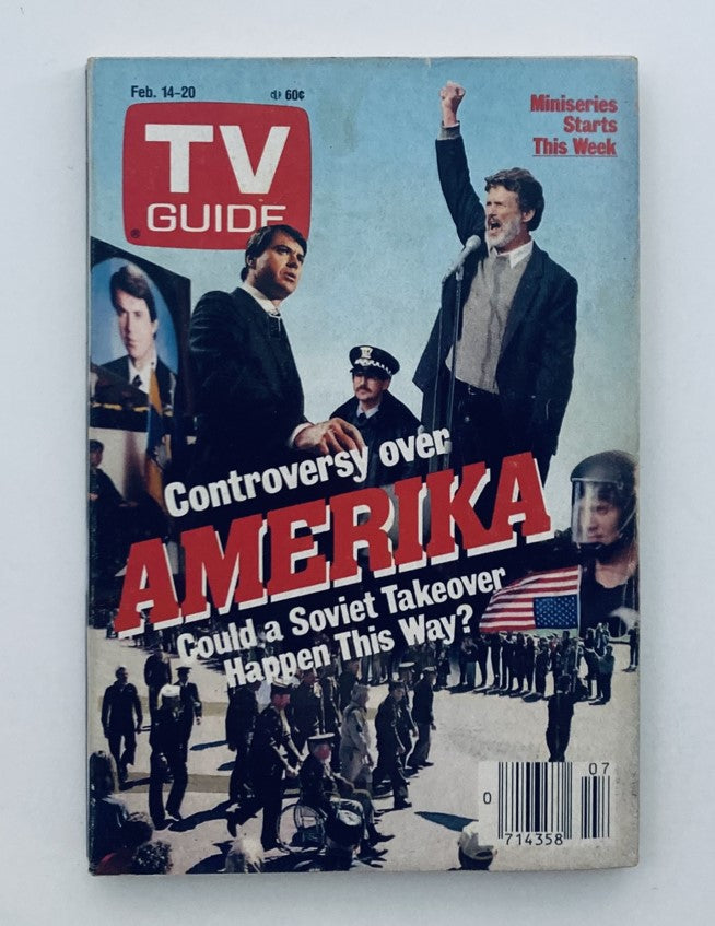 Cover of TV Guide Magazine February 14 1987 featuring 'Amerika', showcasing the miniseries with a captivating image of actors and a question about a Soviet takeover, highlighting key themes of the era.