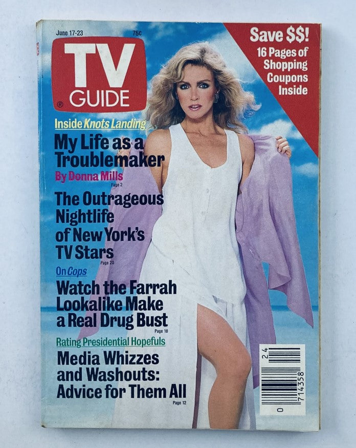 Cover of TV Guide Magazine dated June 17, 1989 featuring iconic actress Donna Mills, highlighting articles including 'My Life as a Troublemaker' and television programming of the late 80s.