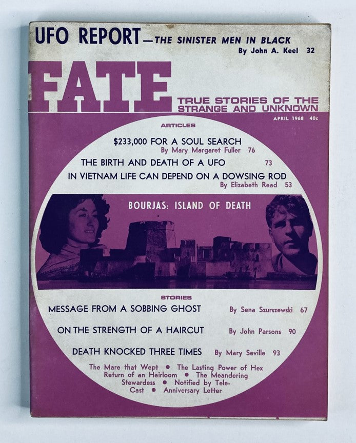 Cover of VTG Fate Magazine from April 1968, Volume 21, Number 4, featuring the article 'Bourjas Island of Death' with bold titles and accompanying illustrations related to paranormal and unexplained phenomena.