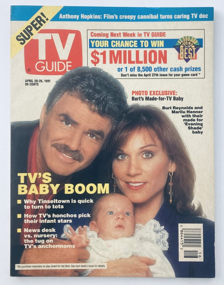 Cover of TV Guide Magazine April 20 1991 featuring Burt Reynolds, Marilu Henner, and a baby, highlighting themes of television's baby boom.