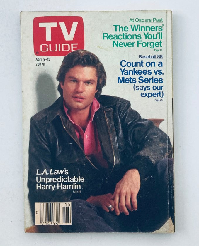 Cover of TV Guide Magazine from April 9, 1988 featuring Harry Hamlin, with headlines on television events and shows.