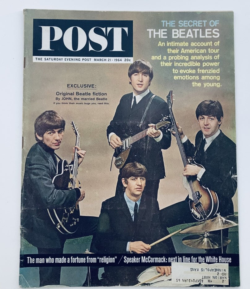 Cover of The Saturday Evening Post March 21, 1964 featuring The Beatles, showcasing John Lennon with bandmates, highlighting the cultural impact of the 1960s music revolution.