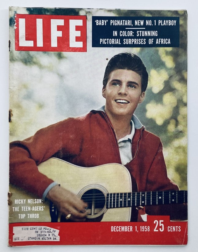 Cover of VTG Life Magazine December 1 1958 Vol 45 No. 22 featuring Ricky Nelson, the Teens' Top Throb, holding a guitar.