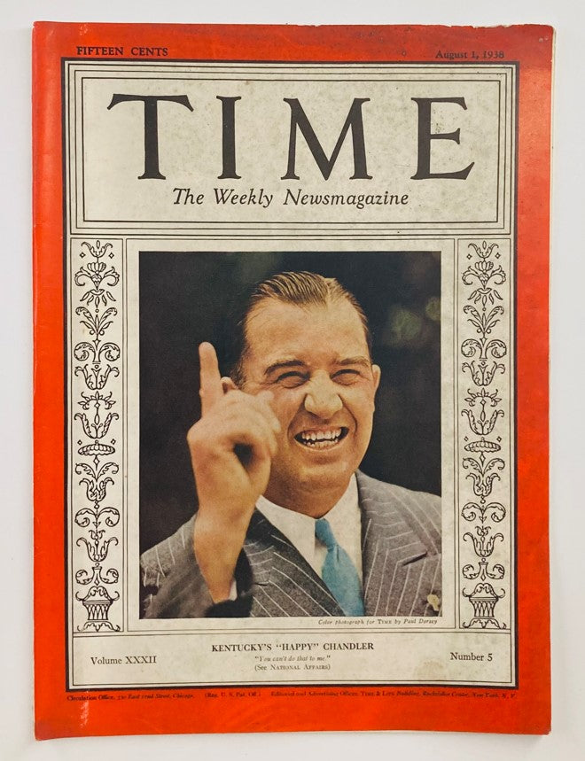 VTG Time Magazine August 1, 1938 Cover featuring Kentucky's 'Happy' Chandler with a cheerful expression, Volume 32 Number 5.
