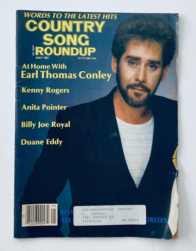 Cover of Country Song Roundup Magazine May 1987 featuring Earl Thomas Conley, including names of Kenny Rogers, Anita Pointer, Billy Joe Royal, and Duane Eddy.