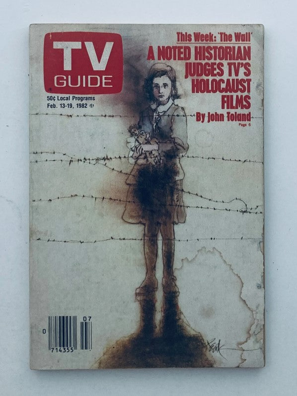 TV Guide Magazine February 13 1982 The Wall Tampa-Sarasota Edition cover featuring a notable historical theme on Holocaust films, with a distinctive illustration of a girl holding a doll.