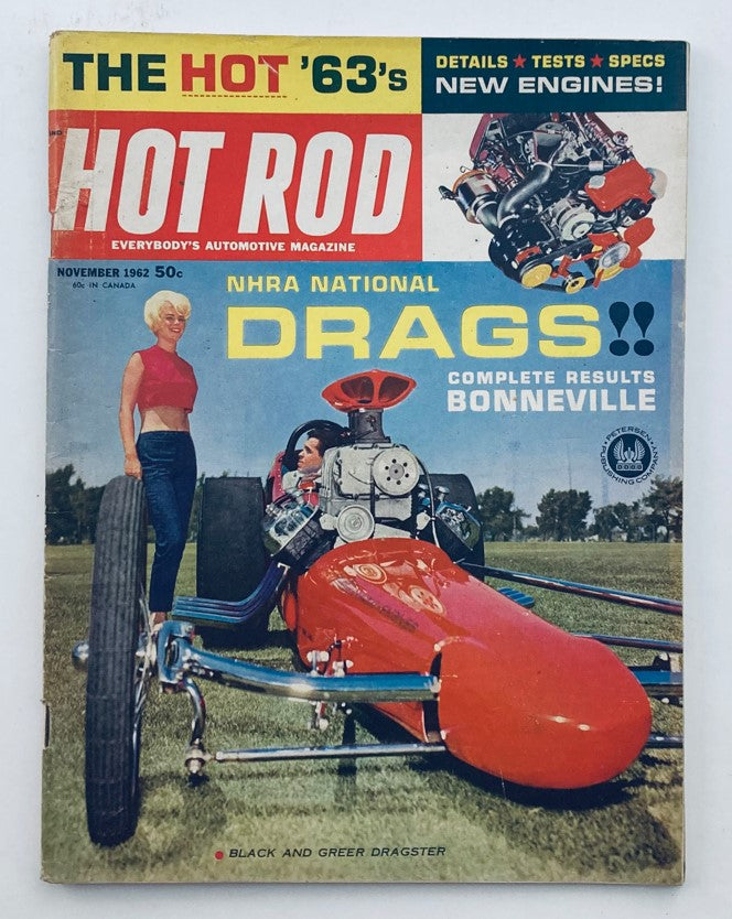 VTG Hot Rod Magazine November 1962 Cover featuring a red dragster and a woman posing with the vehicle, highlighting the NHRA National Drags with details on Bonnevill events.