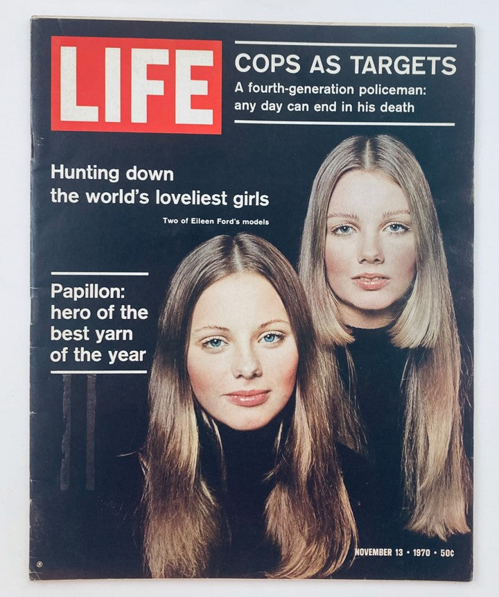 VTG Life Magazine November 13 1970 cover featuring two models with styled hair, highlighting the article 'Papillon: hero of the best yarn of the year' along with the title 'COPS AS TARGETS'.