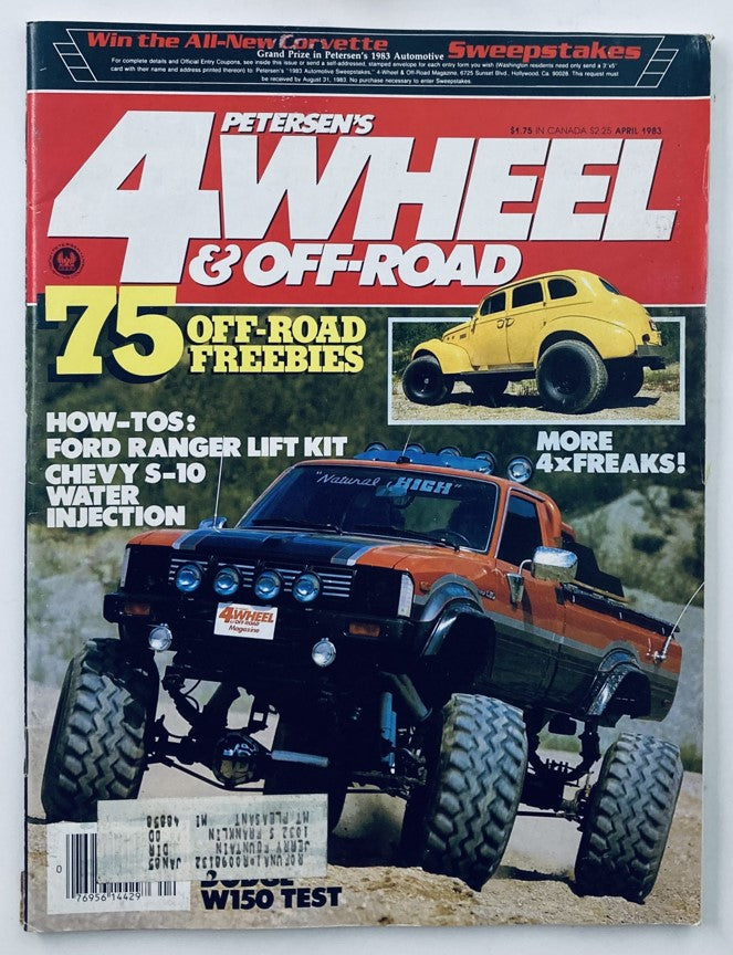 Cover of VTG Petersen's 4 Wheel & Off-Road Magazine April 1983 featuring a Ford Ranger Lift Kit, showcasing off-road vehicles and 75 off-road freebies.