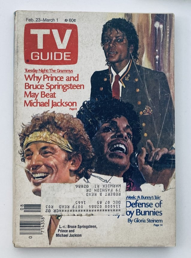 Cover of TV Guide Magazine, February 23, 1985, featuring Michael Jackson, Bruce Springsteen, and Prince, highlighting the Grammy Awards.