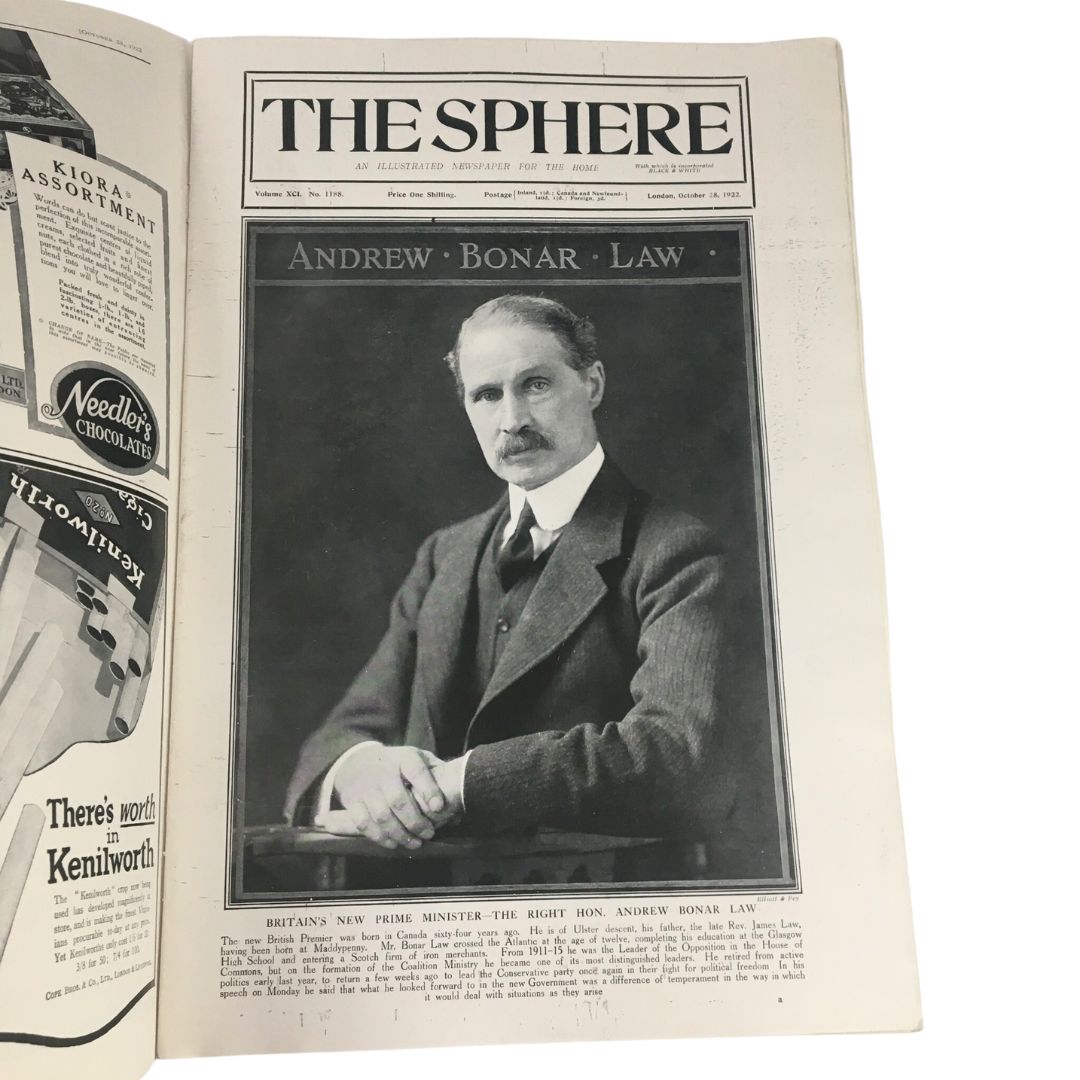 The Sphere Newspaper October 28 1922 featuring a portrait of Britain's Prime Minister Andrew Bonar Law, an illustrated publication showcasing historical British politics and society.