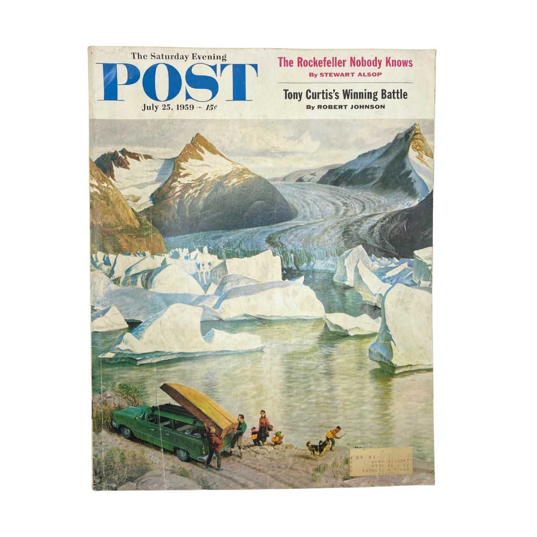 Cover of the Saturday Evening Post Magazine from July 25, 1959, titled 'Overheated July' featuring artwork by John Clymer depicting a scenic summer landscape with a car and people enjoying nature.