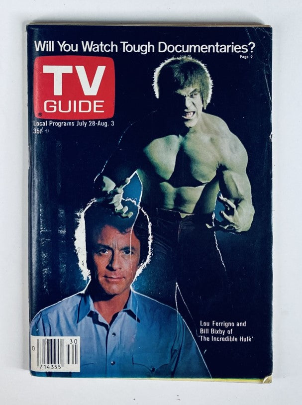 TV Guide Magazine July 28 1979 issue #1374 featuring Lou Ferrigno and Billy Bixby on the cover, showcasing the iconic actors from 'The Incredible Hulk' series.