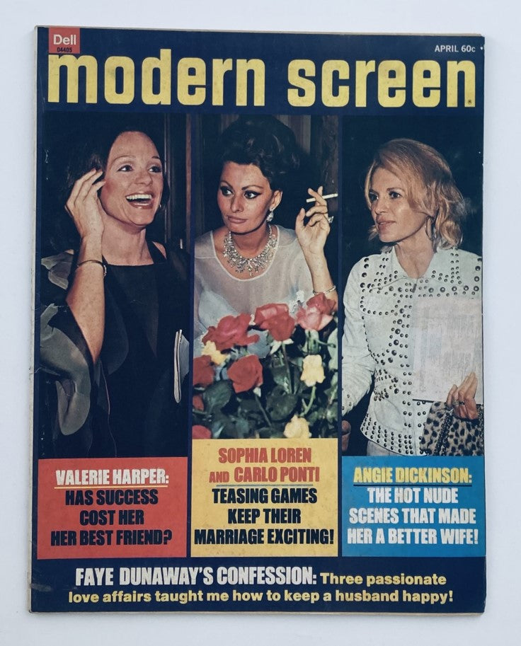 VTG Modern Screen Magazine April 1975 cover featuring Valerie Harper, Sophia Loren, and Angie Dickinson, showcasing iconic actresses of the 1970s with headlines about their personal stories.