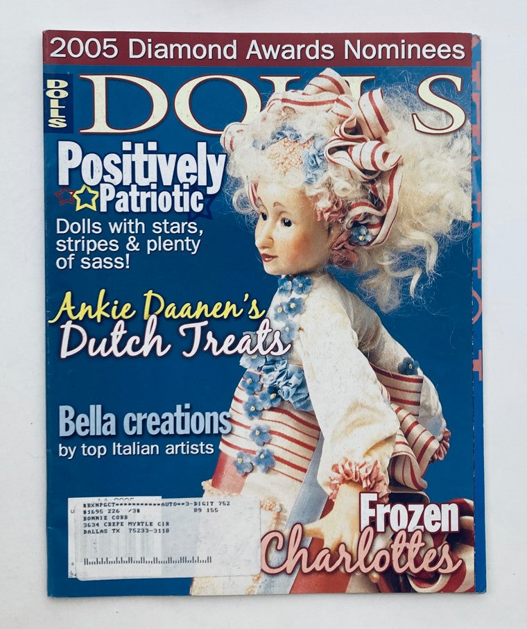 Cover of Dolls Magazine July 2005 featuring Ankie Daanen's Dutch Treats Frozen Charlottes, showcasing a vintage collectible doll with a charming design and vibrant colors.