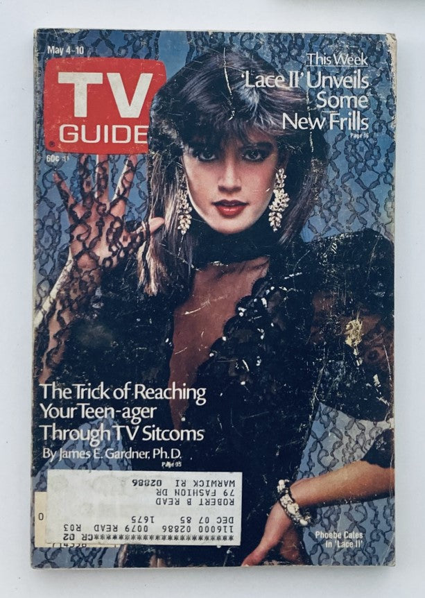 TV Guide Magazine cover from May 4, 1985 featuring Phoebe Cates in 'Lace II', showcasing the iconic 1980s fashion and entertainment scene. Collectible item reflecting television history.