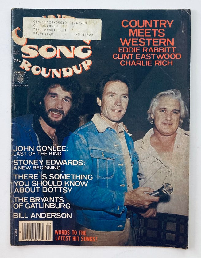 Cover of the VTG Country Song Roundup Magazine from July 1979 featuring Eddie Rabbit, Clint Eastwood, and Charlie Rich. This vintage magazine showcases the vibrant country music scene of the late 1970s.