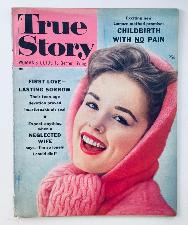 VTG True Story Magazine January 1960 Vol 81 No. 6 featuring a smiling woman in a pink hooded sweater and the headline 'Childbirth with No Pain.' This vintage magazine cover highlights topics of childbirth and women's lives in the 1960s.