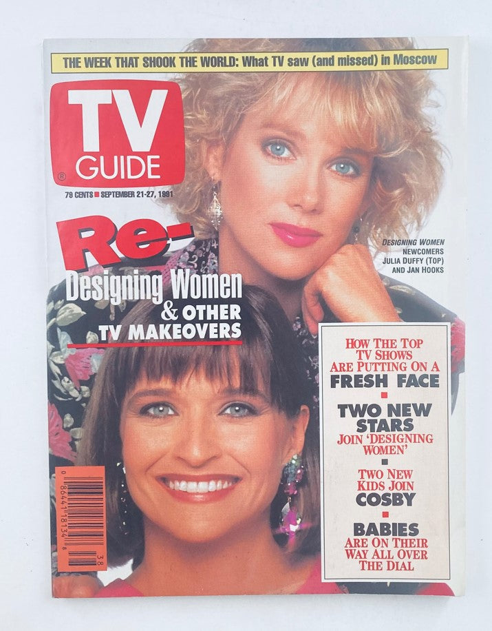 TV Guide Magazine from September 21, 1991, featuring Julia Duffy and Jan Hooks on the cover. The magazine highlights 'Designing Women' and other TV makeovers, showcasing popular television trends of the early '90s.
