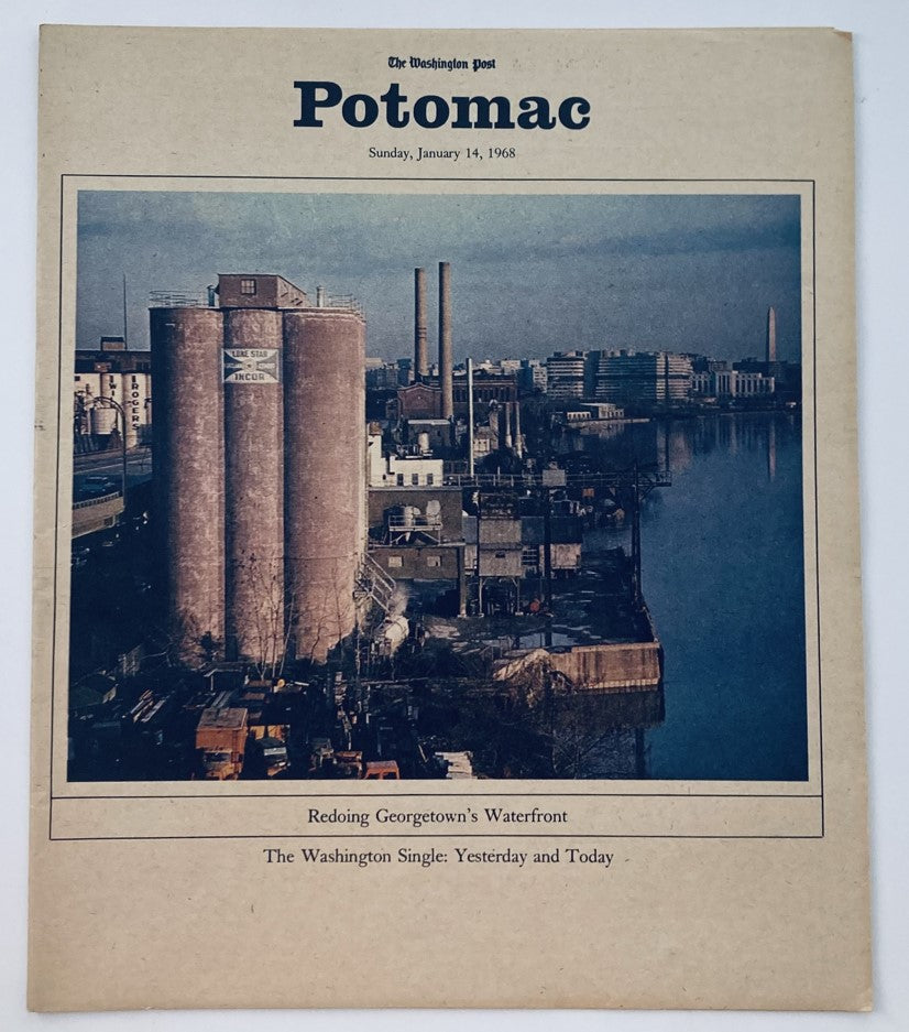 Cover of VTG Washington Post Potomac Magazine from January 14, 1968, featuring the Georgetown waterfront and historical context.