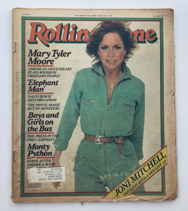 Cover of VTG Rolling Stone Magazine November 13, 1980, Issue No. 330 featuring Mary Tyler Moore wearing a green outfit, emphasizing her status as America's sweetheart.