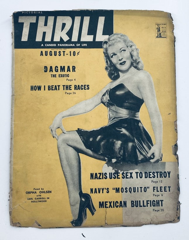 VTG Pictorial Thrill Magazine August 1942 covering Orpha Ohlsen, featuring articles on Dagmar and the Navy's Mosquito Fleet, showcasing vintage entertainment and culture.