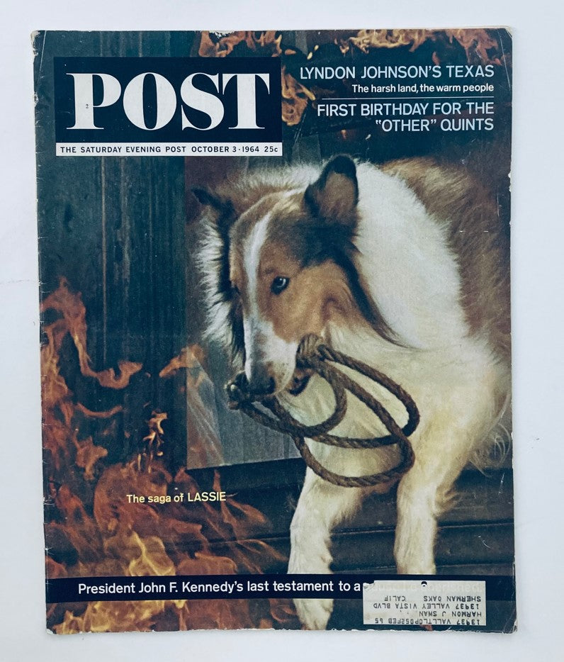 Cover of The Saturday Evening Post Magazine October 3, 1964 featuring the saga of Lassie, showcasing a collie dog with a rope, framed in a vintage design.