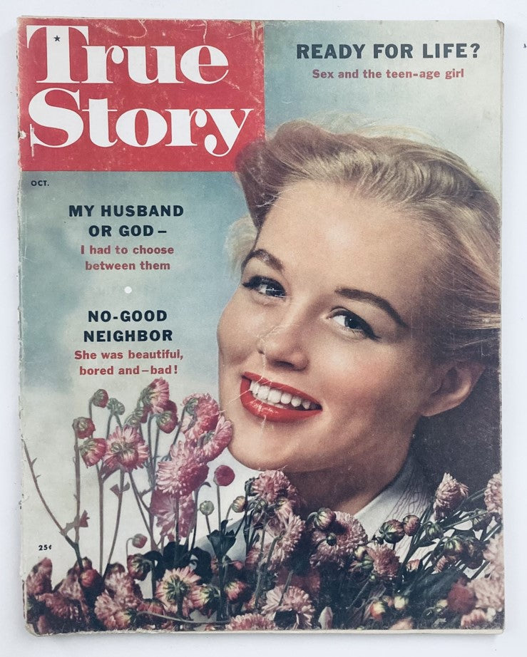 Cover of VTG True Story Magazine October 1957 Vol 77 No. 3 featuring the article 'No-Good Neighbor' and a smiling woman with flowers.