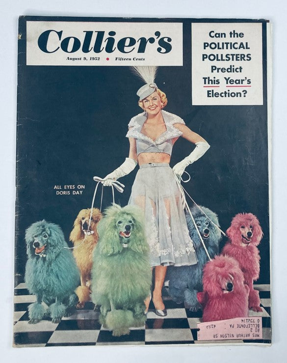 VTG Collier's Magazine August 9 1952 featuring Doris Day on the cover surrounded by colorful poodles, illustrating 1950s American culture.