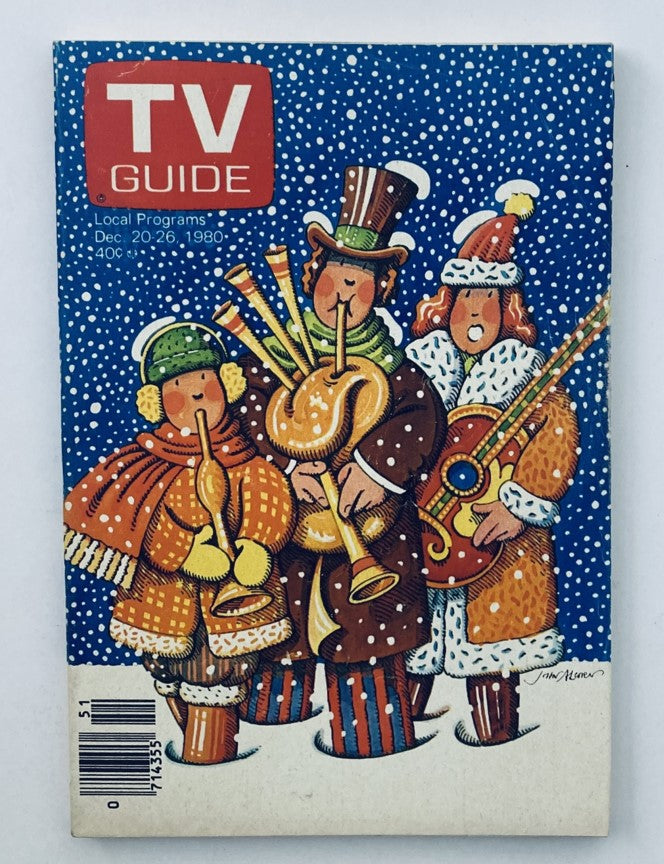 TV Guide Magazine cover from December 20, 1980, featuring a festive Christmas musical theme with three cartoon characters in winter attire playing instruments, representing the New York Metro Edition.